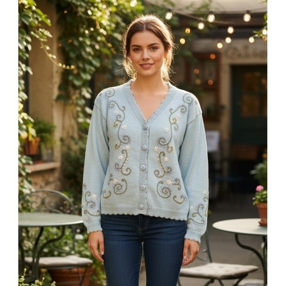 Kindred Spirit Sweater Womens Sz M Blue Floral Cardigan Embroidered Cottage NWOT
